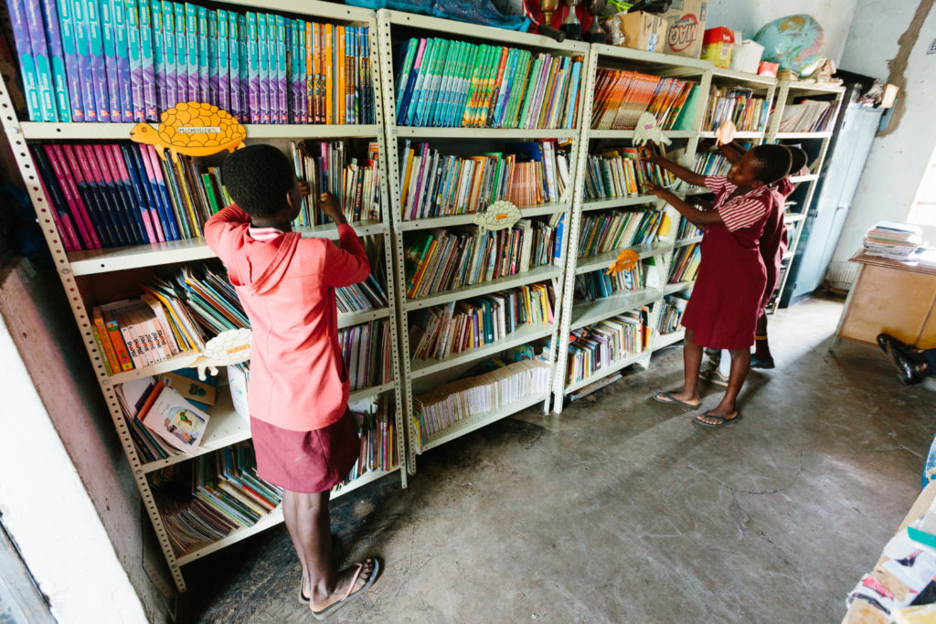 school children in library